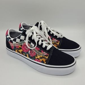 NEW Womens Vans Old Skool Rose Animal Print Checker True White Shoes Size 7
